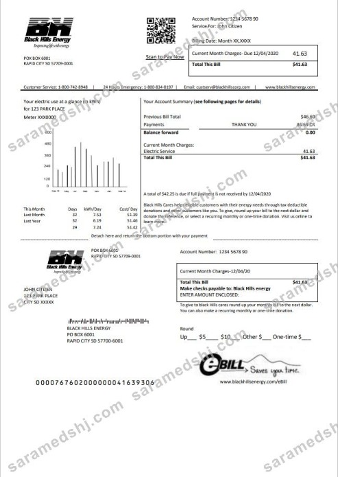 USA South Dakota Black Hills Energy utility bill template in Word and PDF format